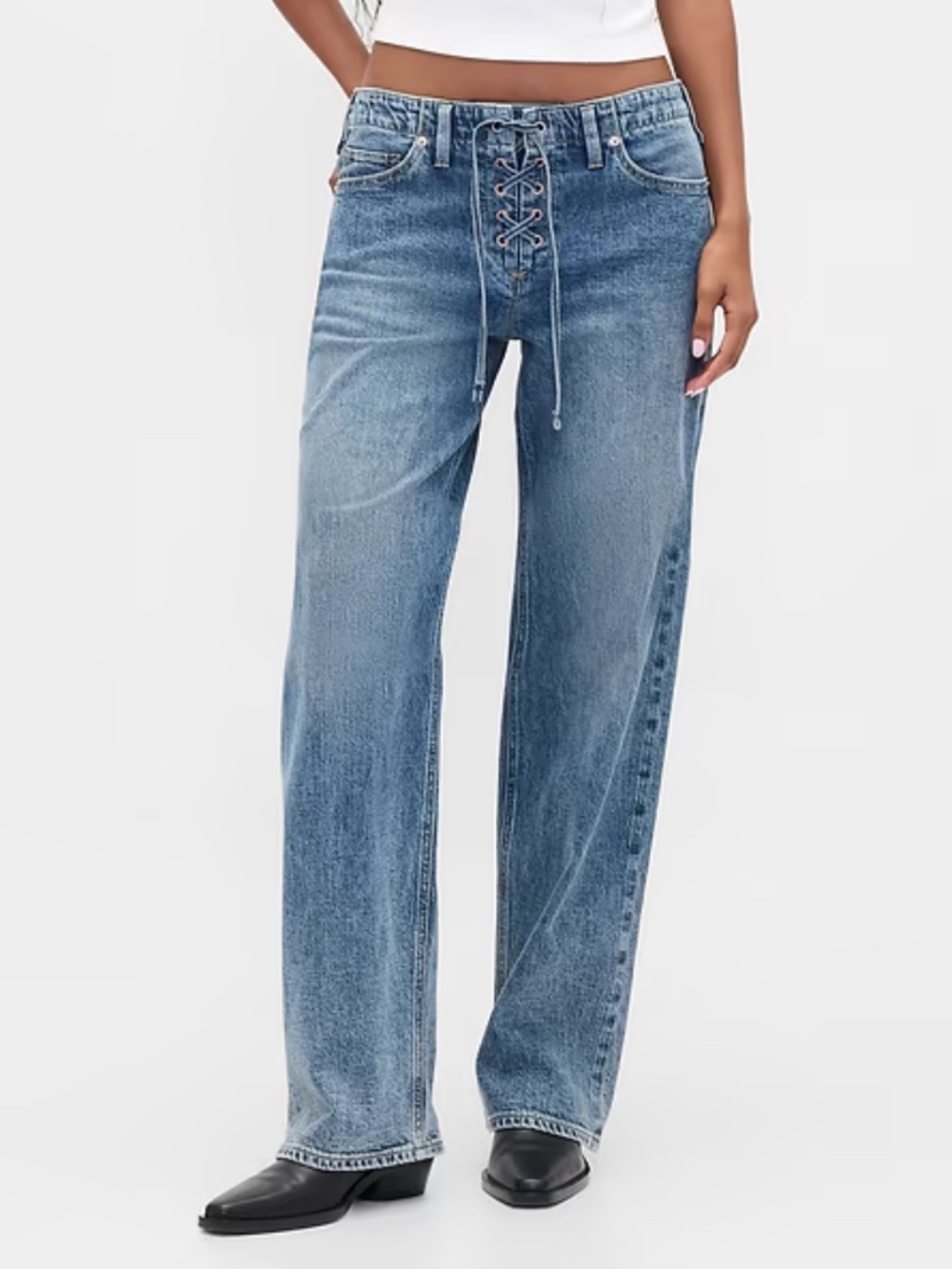 Gap Low Rise Lace Up 90s Loose Jean Medium Wash 30 TALL
